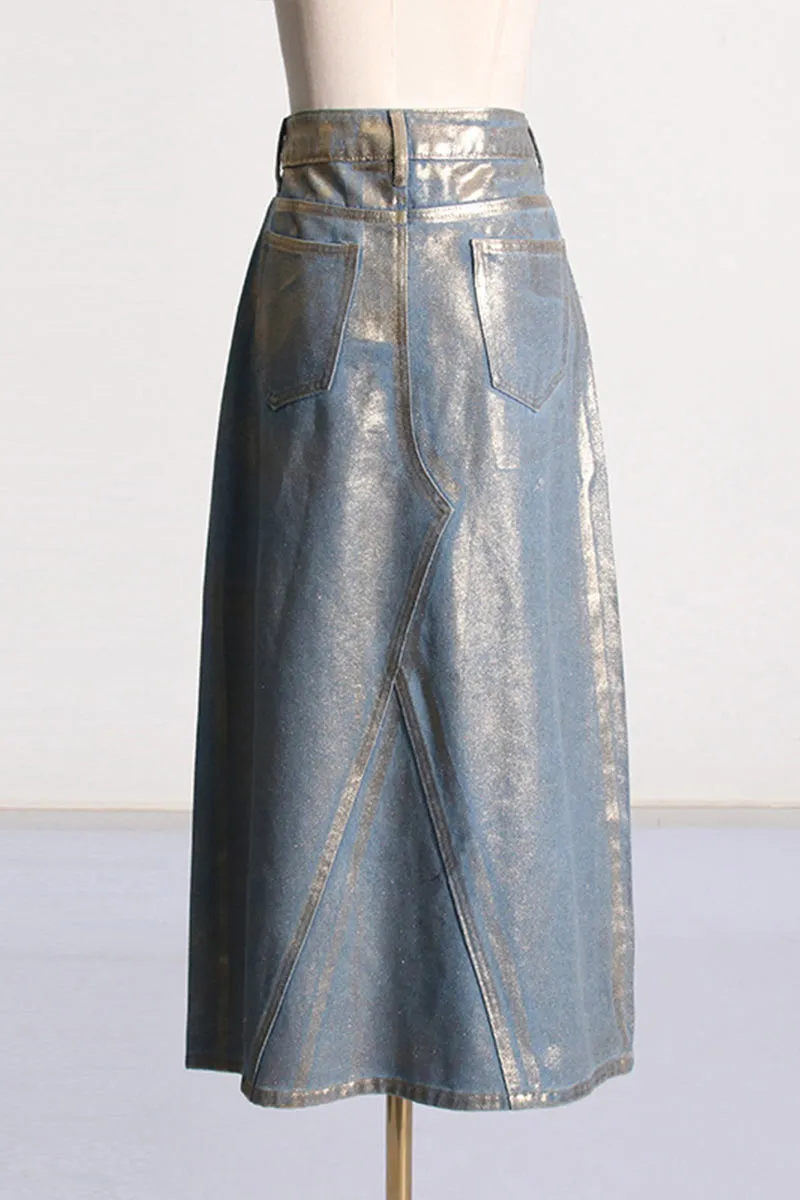 QL682 Metallic A-line Denim Skirt