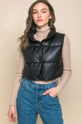 "Snowy Mornings" Cropped Black Puffer Faux Leather Vest