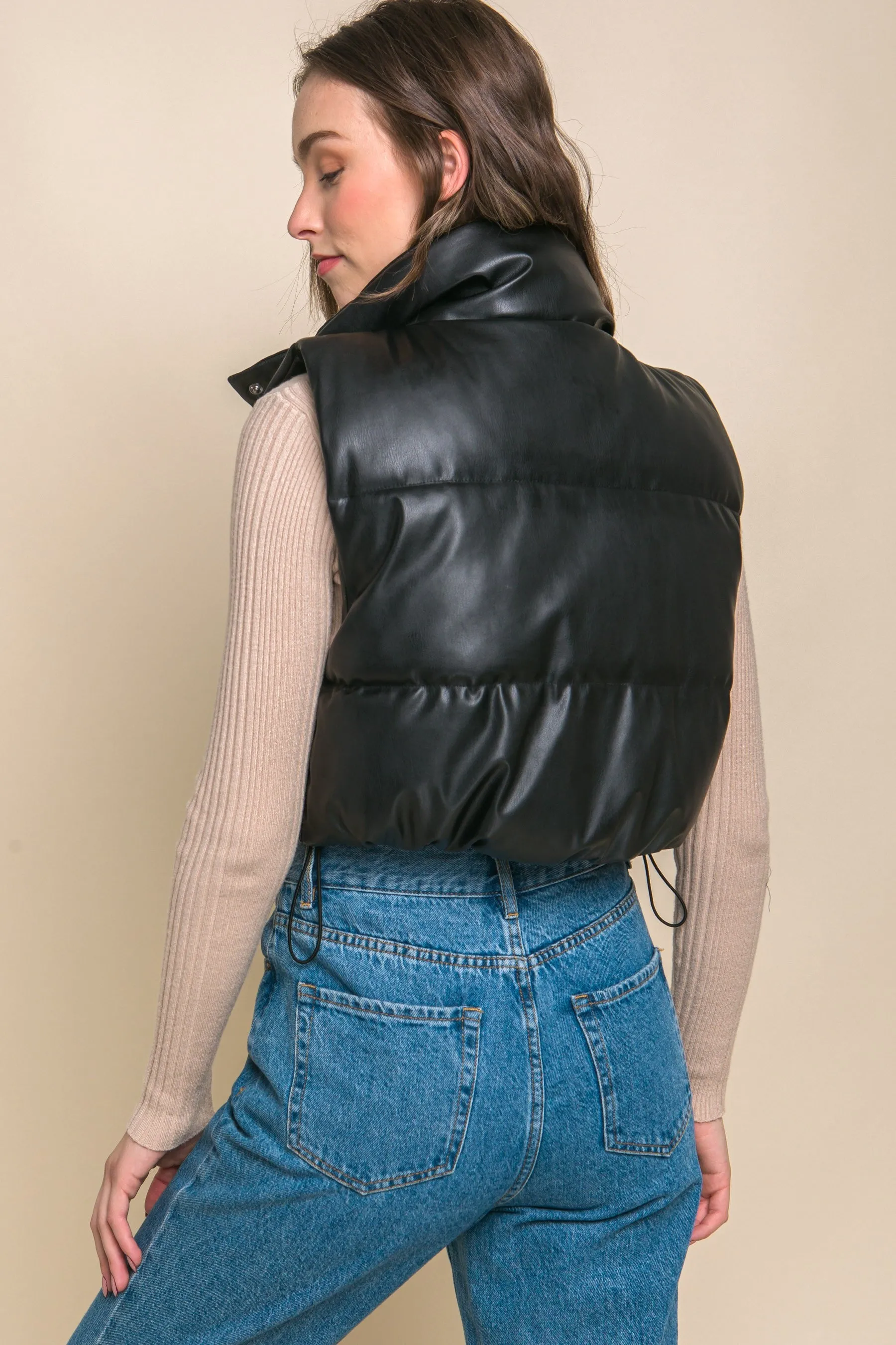 "Snowy Mornings" Cropped Black Puffer Faux Leather Vest