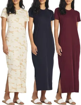 Real Essentials 3 Pack Women’s Casual Short Sleeve Maxi T-Shirt Summer Dress with Slit & Pockets (Available in Plus Size)