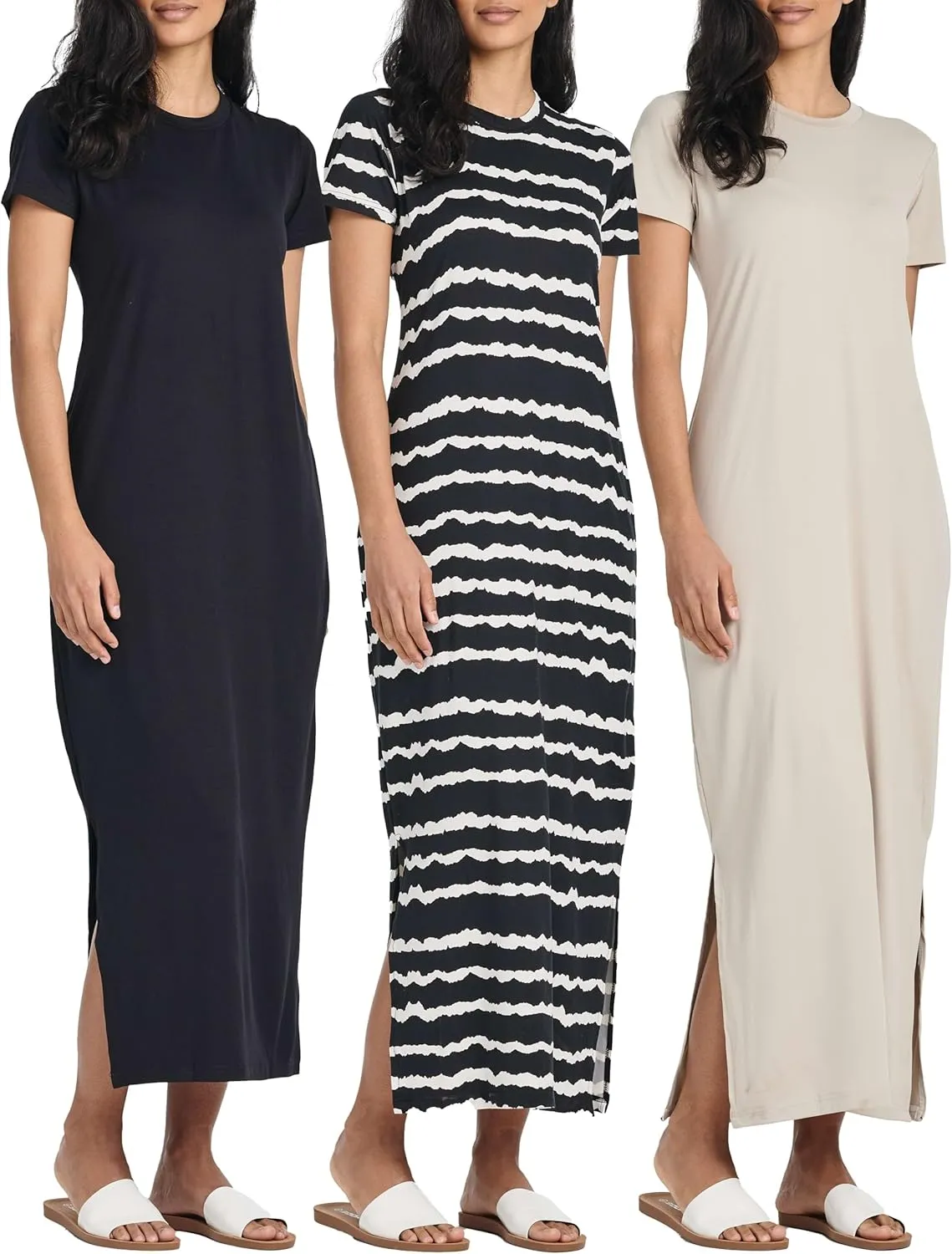 Real Essentials 3 Pack Women’s Casual Short Sleeve Maxi T-Shirt Summer Dress with Slit & Pockets (Available in Plus Size)