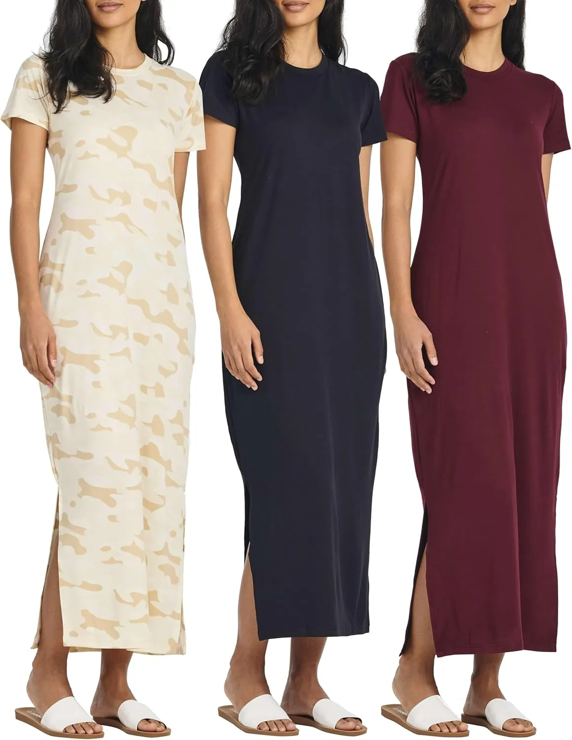 Real Essentials 3 Pack Women’s Casual Short Sleeve Maxi T-Shirt Summer Dress with Slit & Pockets (Available in Plus Size)