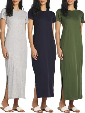 Real Essentials 3 Pack Womens Casual Short Sleeve Maxi T-Shirt Summer Dress with Slit & Pockets (Available in Plus Size)