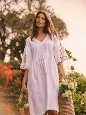 Remi cotton seersucker embroidered dress - White