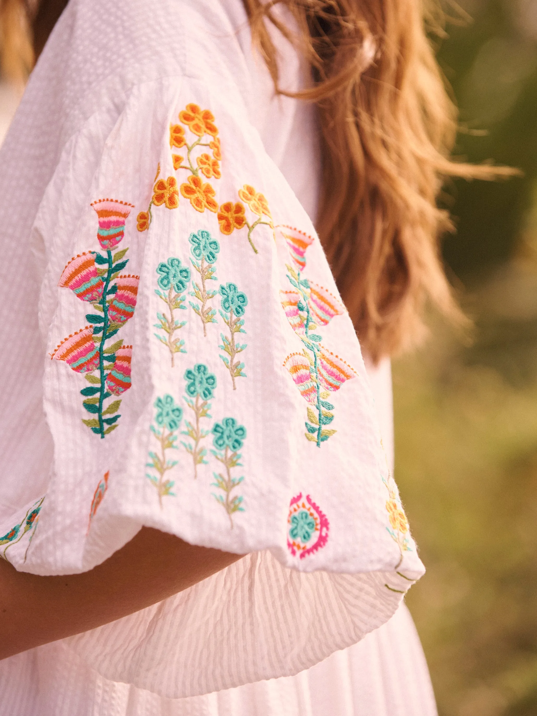 Remi cotton seersucker embroidered dress - White