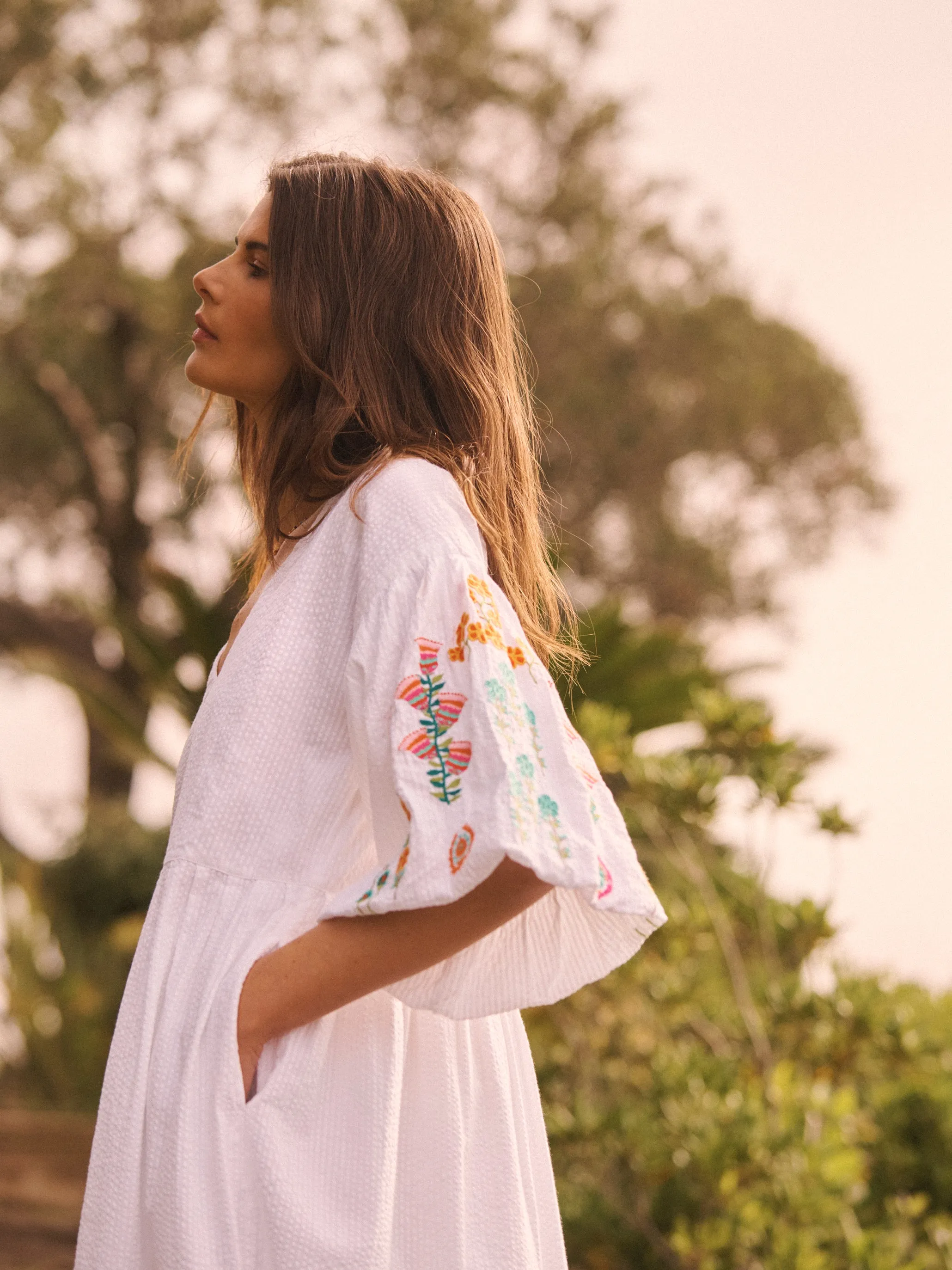 Remi cotton seersucker embroidered dress - White