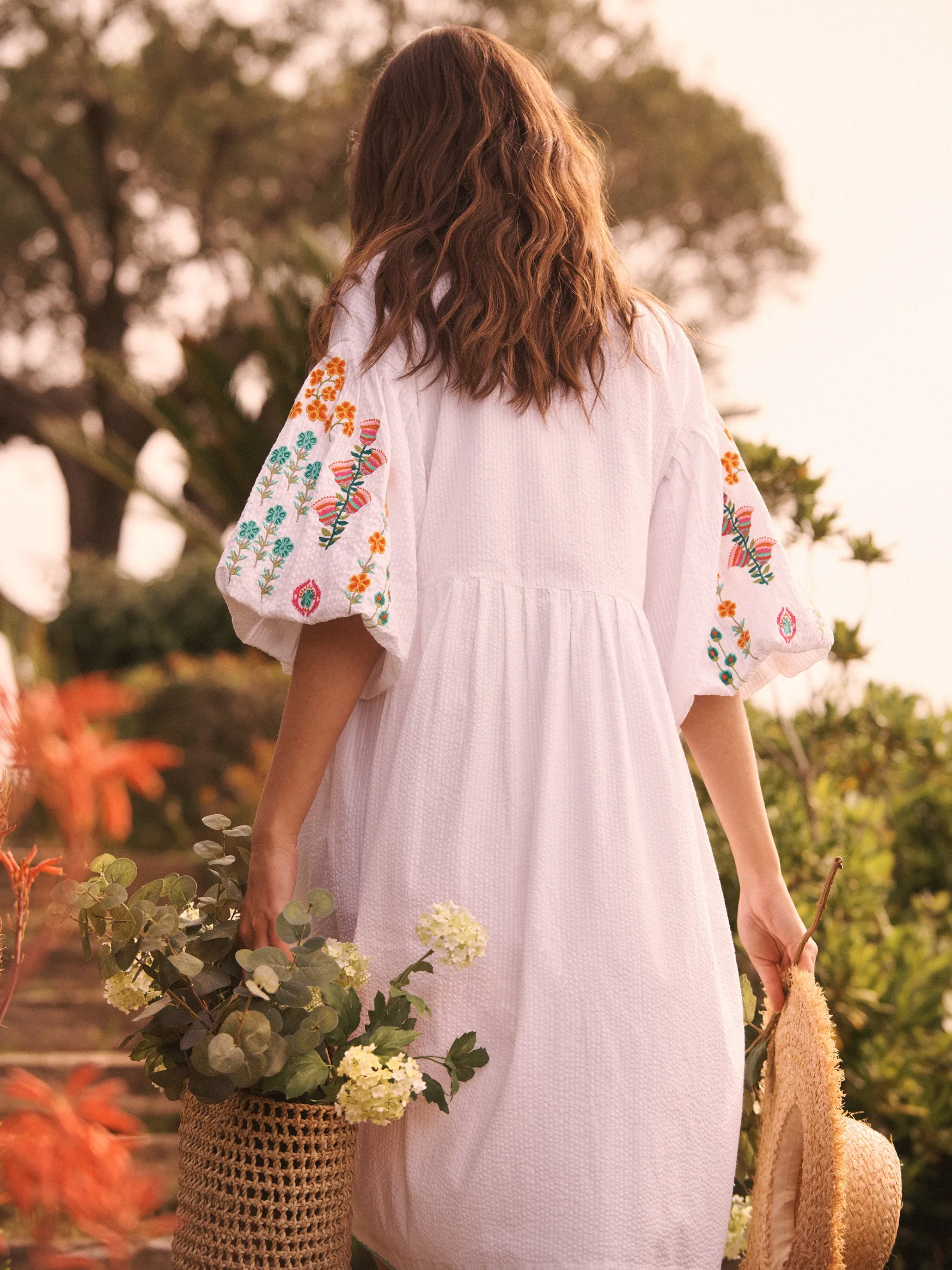 Remi cotton seersucker embroidered dress - White