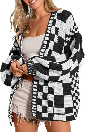 SELINK Women's Cardigan Sweater Vintage Open Front Mixed Checkered Pattern Chunky Knit Plaid Long Sleeve Daily Outwear