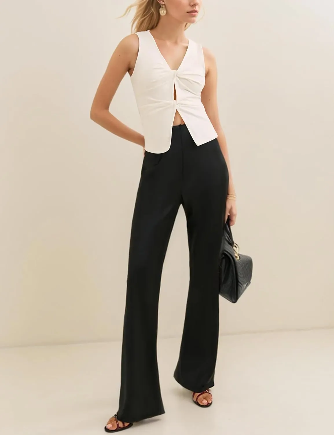 Sexy Deep V Neck Crop Tank Tops for Women Y2K Slim Fit Sleeveless Twist Front Tops Plain Hollow Out Cropped Vest Top