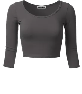 SSOULM Women's 3/4 Sleeve Scoop Neck Cotton Slim Fit Crop Top (S-2XL)