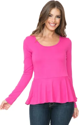 SSOULM Women's Long Sleeve Stretchy Knit Ruffle Hem Peplum Blouse Top with Plus Size