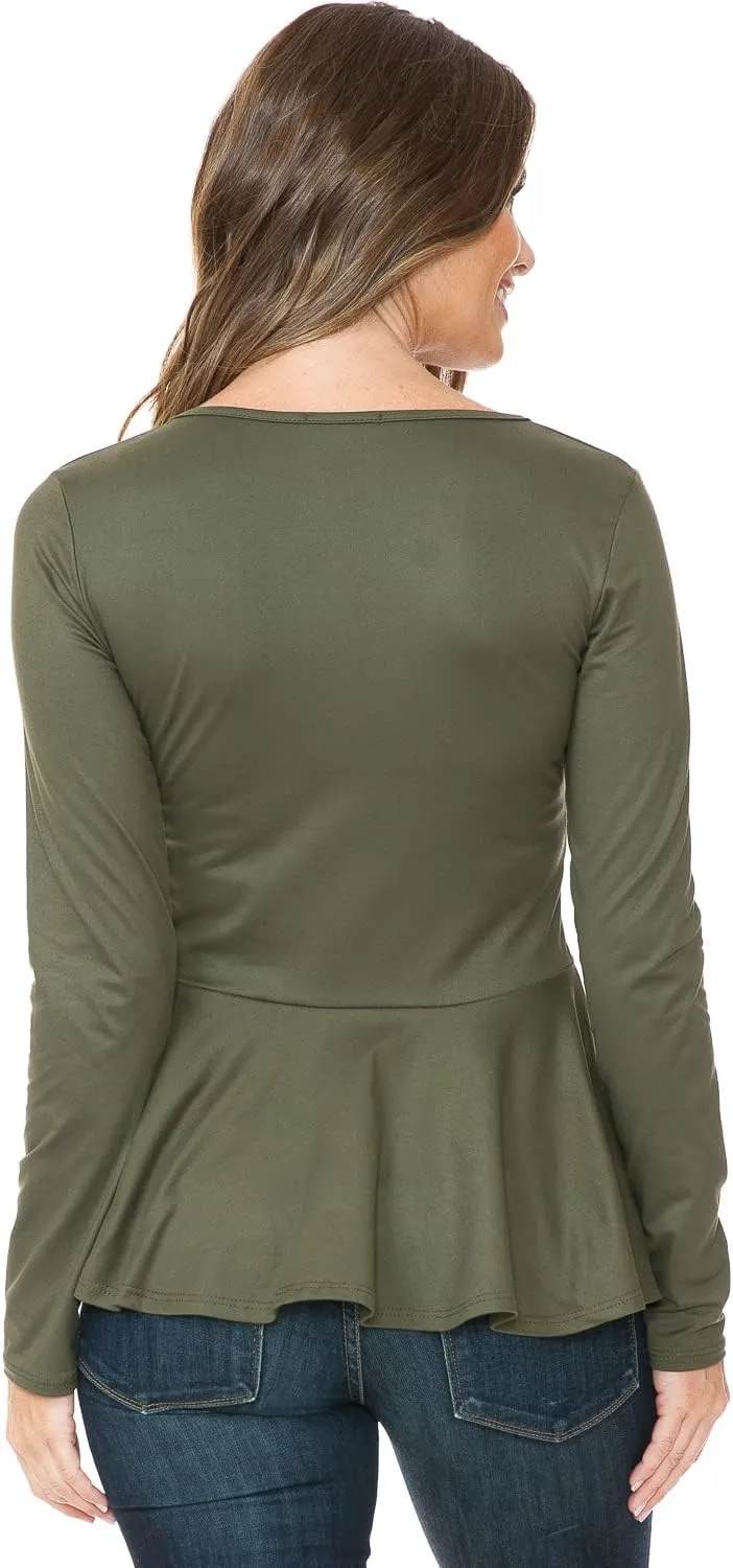 SSOULM Women's Long Sleeve Stretchy Knit Ruffle Hem Peplum Blouse Top with Plus Size