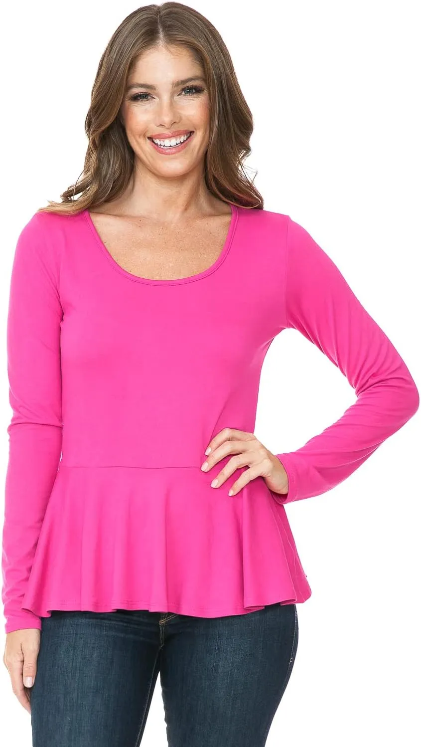 SSOULM Women's Long Sleeve Stretchy Knit Ruffle Hem Peplum Blouse Top with Plus Size