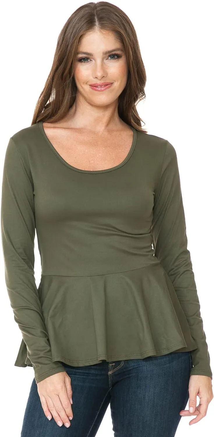 SSOULM Women's Long Sleeve Stretchy Knit Ruffle Hem Peplum Blouse Top with Plus Size