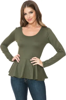 SSOULM Women's Long Sleeve Stretchy Knit Ruffle Hem Peplum Blouse Top with Plus Size