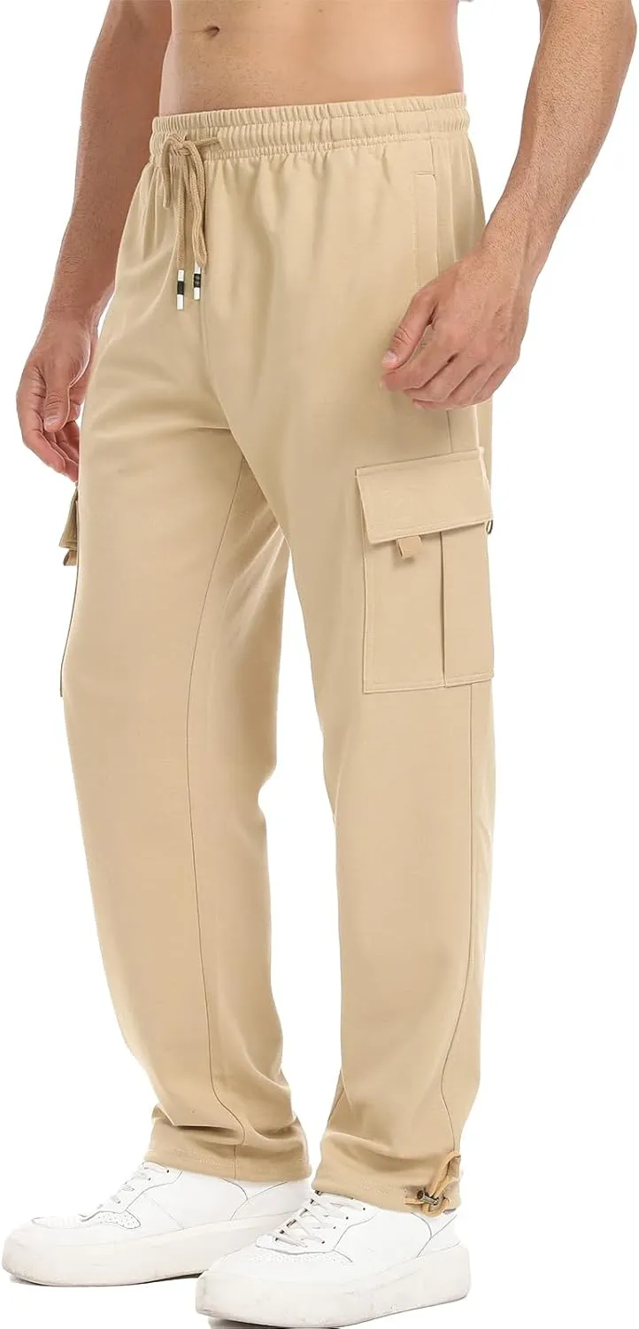 Suwangi Mens Cargo Pants Loose Waist Relaxed Fit Outdoor Elastic Bottom Pants Athletic Drawstring Multiple Pockets Joggers