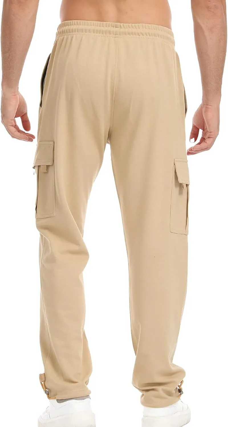 Suwangi Mens Cargo Pants Loose Waist Relaxed Fit Outdoor Elastic Bottom Pants Athletic Drawstring Multiple Pockets Joggers