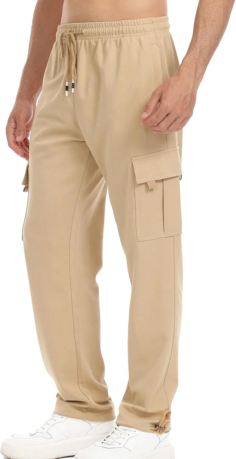 Suwangi Mens Cargo Pants Loose Waist Relaxed Fit Outdoor Elastic Bottom Pants Athletic Drawstring Multiple Pockets Joggers
