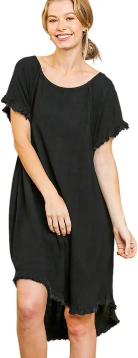 Umgee Lovable High Low! Linen and Cotton Frayed Hem Dress (Black, 1X Plus)