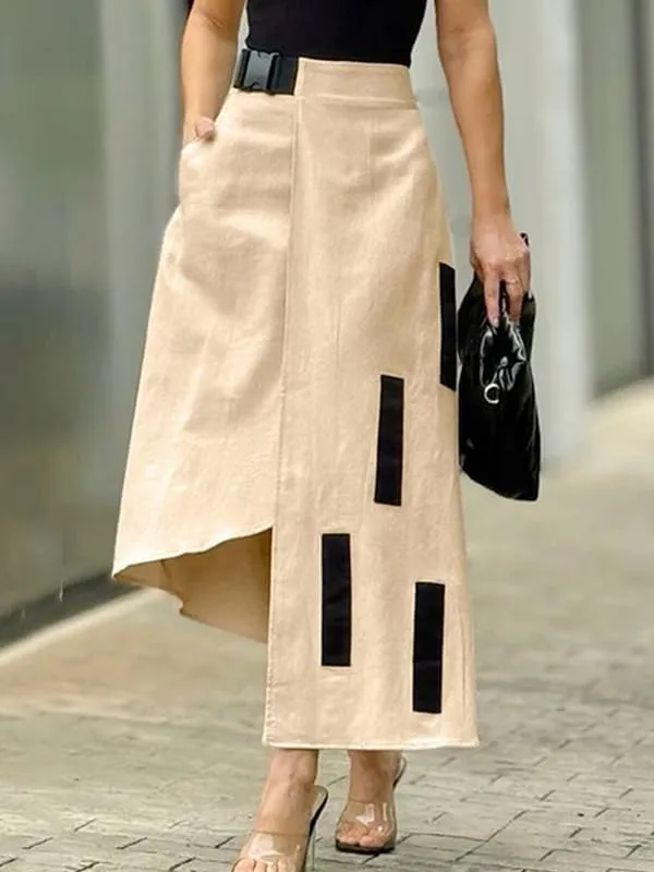 UOOZEE Women's Asymmetrical High Low Skirt Elastic High Waist Dressy Casual Business Work Midi Skirt with Pockets