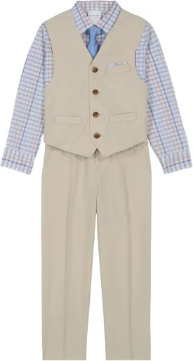 Van Heusen Boys' 4-Piece Formal Suit Set, Vest, Pants, Collared Dress Shirt, and Tie