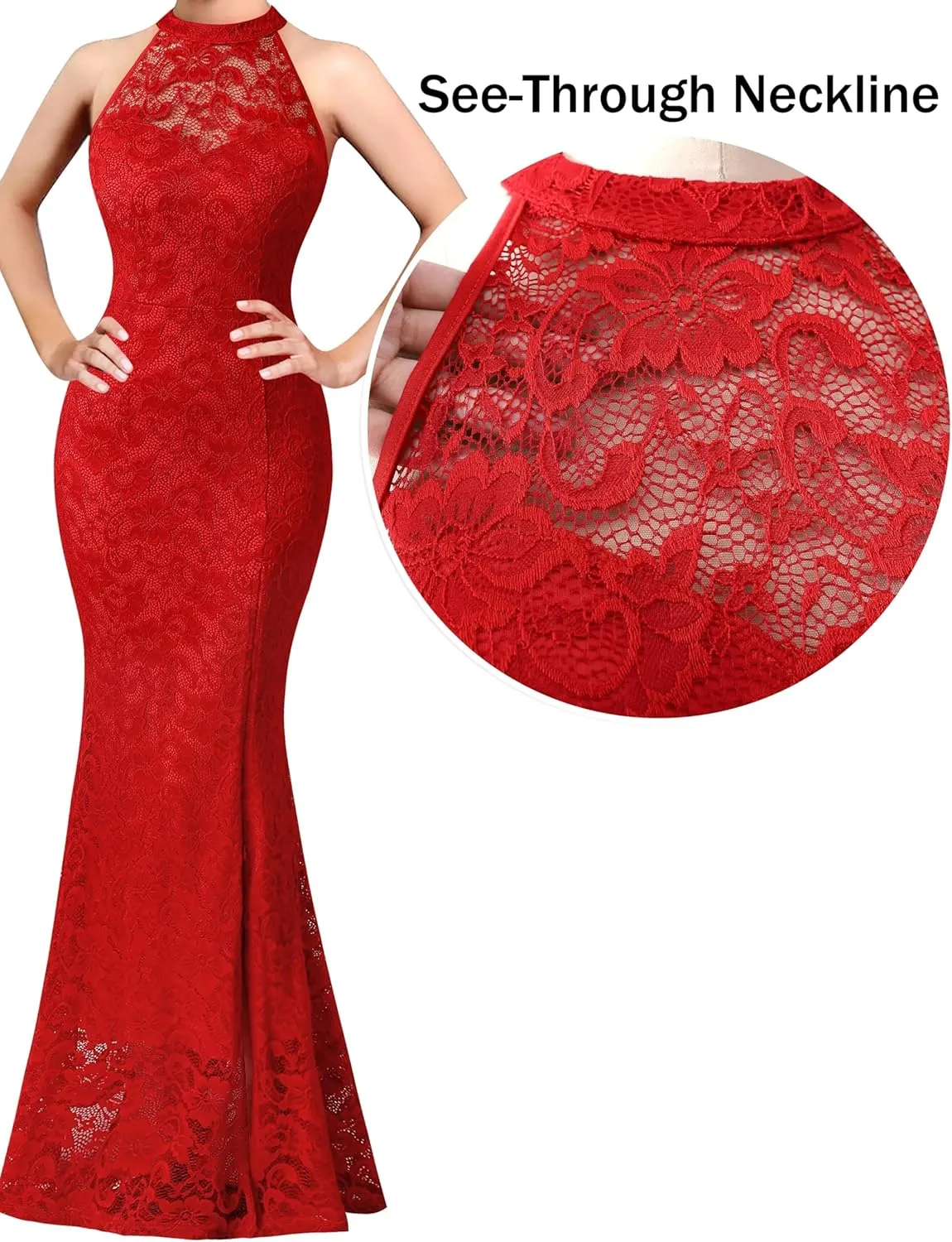 VFSHOW Womens Formal Sexy Halter High Slit Prom Wedding Guest Maxi Dress 2023 Illusion Sweetheart Neckline Evening Long Gown