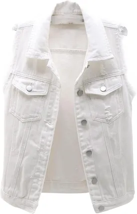 VIEWON Women's Casual Denim Waistcoat Frayed Sleeveless Ripped Jacket Vest with Pockets