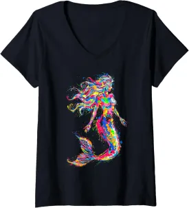 Womens Colorful Abstract Mermaid Painting Art Graphic Motif Mermaid V-Neck T-Shirt