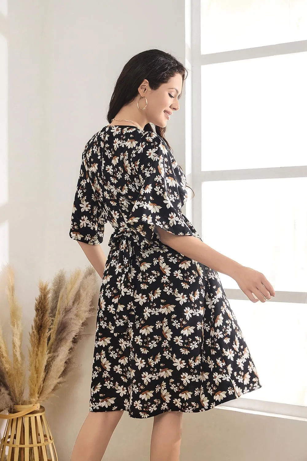 Women's Floral Daily Dress V Neck Ruffle Sleeve Elastic Fold Belt Hem A-Line Flowy Midi Dresses