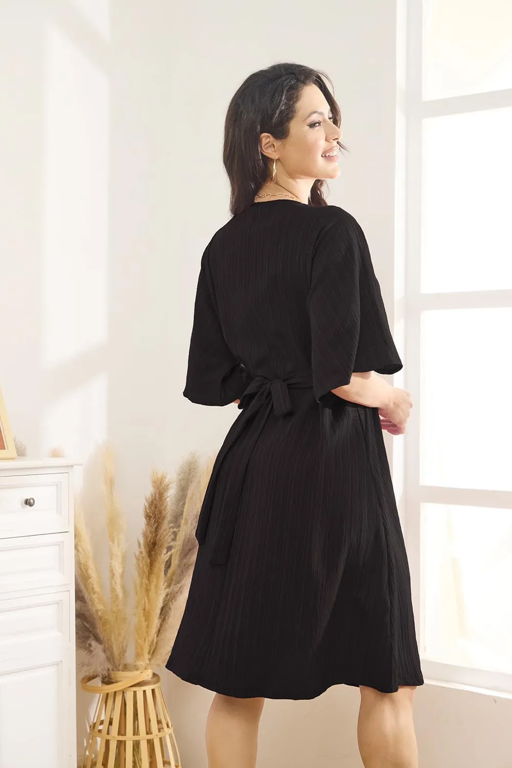 Women's Floral Daily Dress V Neck Ruffle Sleeve Elastic Fold Belt Hem A-Line Flowy Midi Dresses