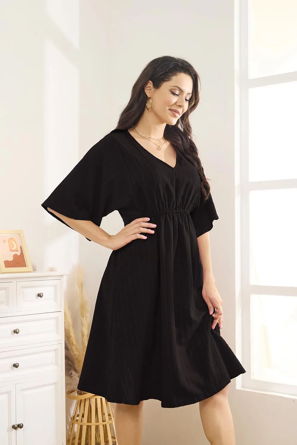 Women's Floral Daily Dress V Neck Ruffle Sleeve Elastic Fold Belt Hem A-Line Flowy Midi Dresses