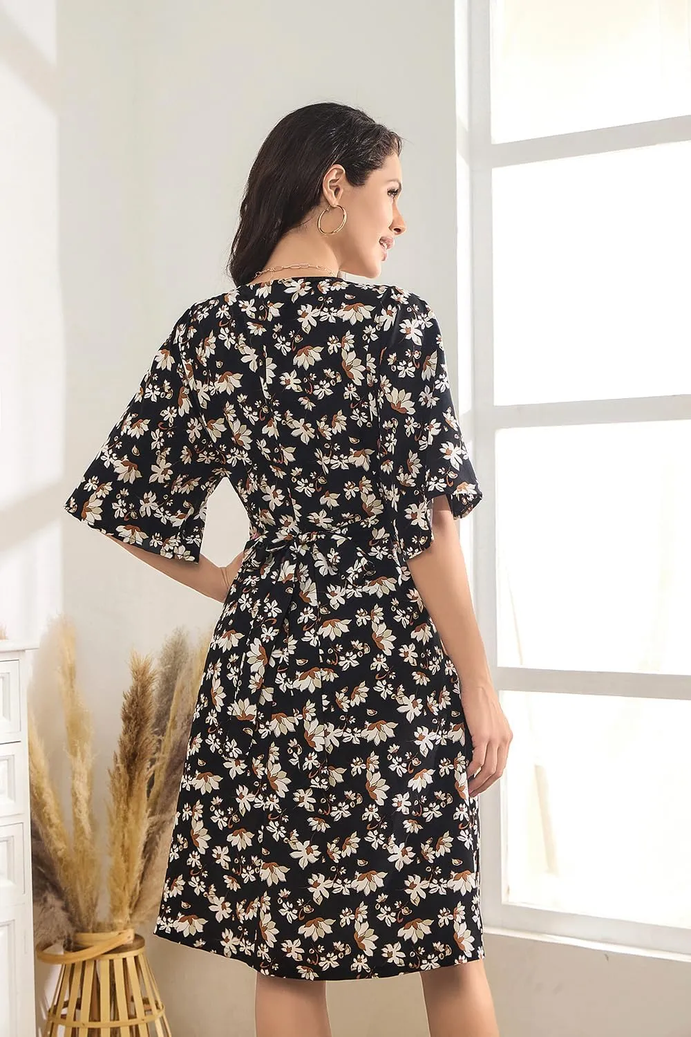 Women's Floral Daily Dress V Neck Ruffle Sleeve Elastic Fold Belt Hem A-Line Flowy Midi Dresses