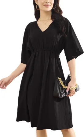 Women's Floral Daily Dress V Neck Ruffle Sleeve Elastic Fold Belt Hem A-Line Flowy Midi Dresses