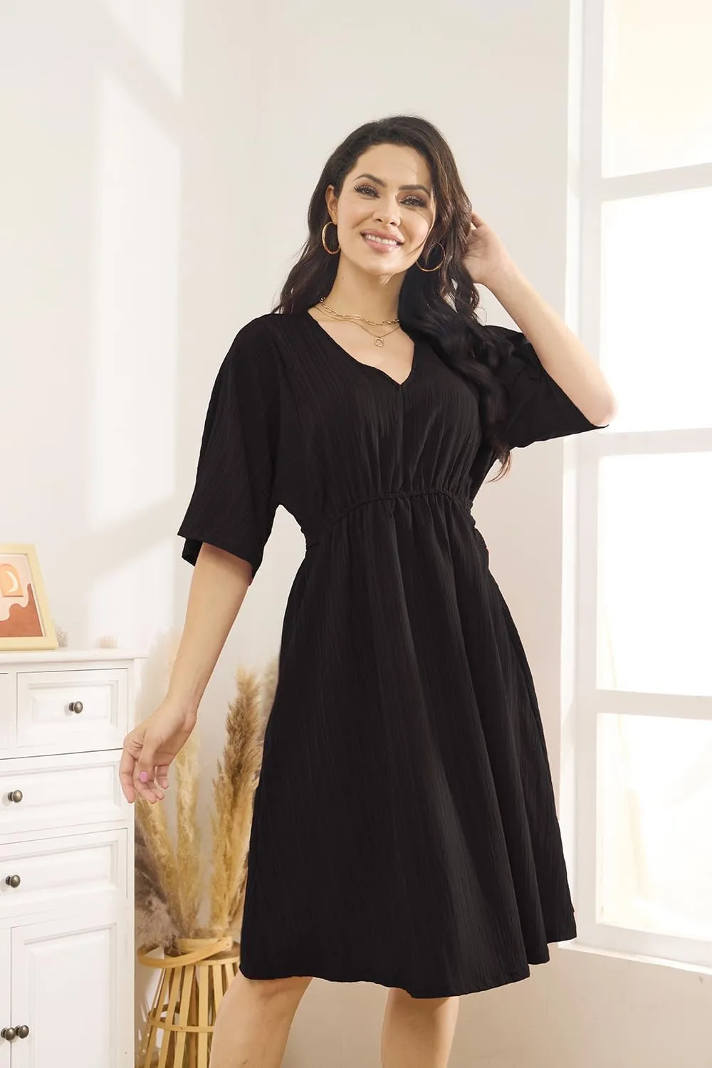 Women's Floral Daily Dress V Neck Ruffle Sleeve Elastic Fold Belt Hem A-Line Flowy Midi Dresses