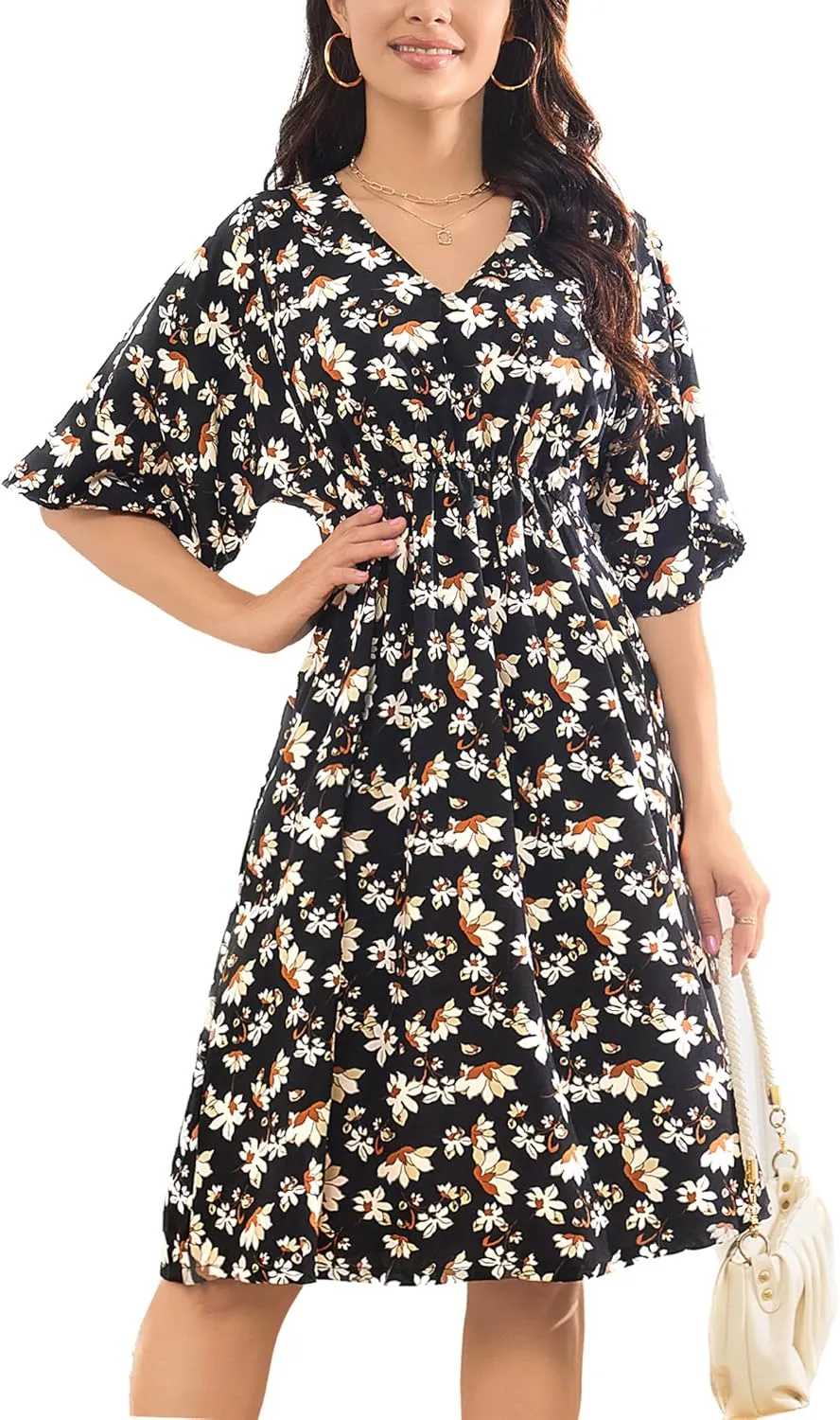 Women's Floral Daily Dress V Neck Ruffle Sleeve Elastic Fold Belt Hem A-Line Flowy Midi Dresses
