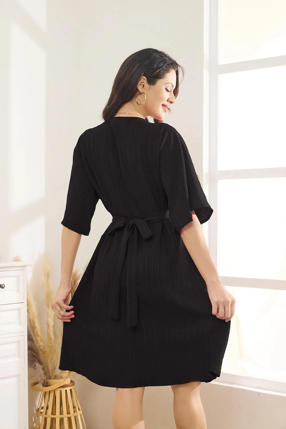Women's Floral Daily Dress V Neck Ruffle Sleeve Elastic Fold Belt Hem A-Line Flowy Midi Dresses