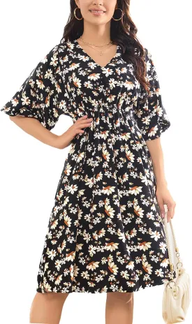 Women's Floral Daily Dress V Neck Ruffle Sleeve Elastic Fold Belt Hem A-Line Flowy Midi Dresses