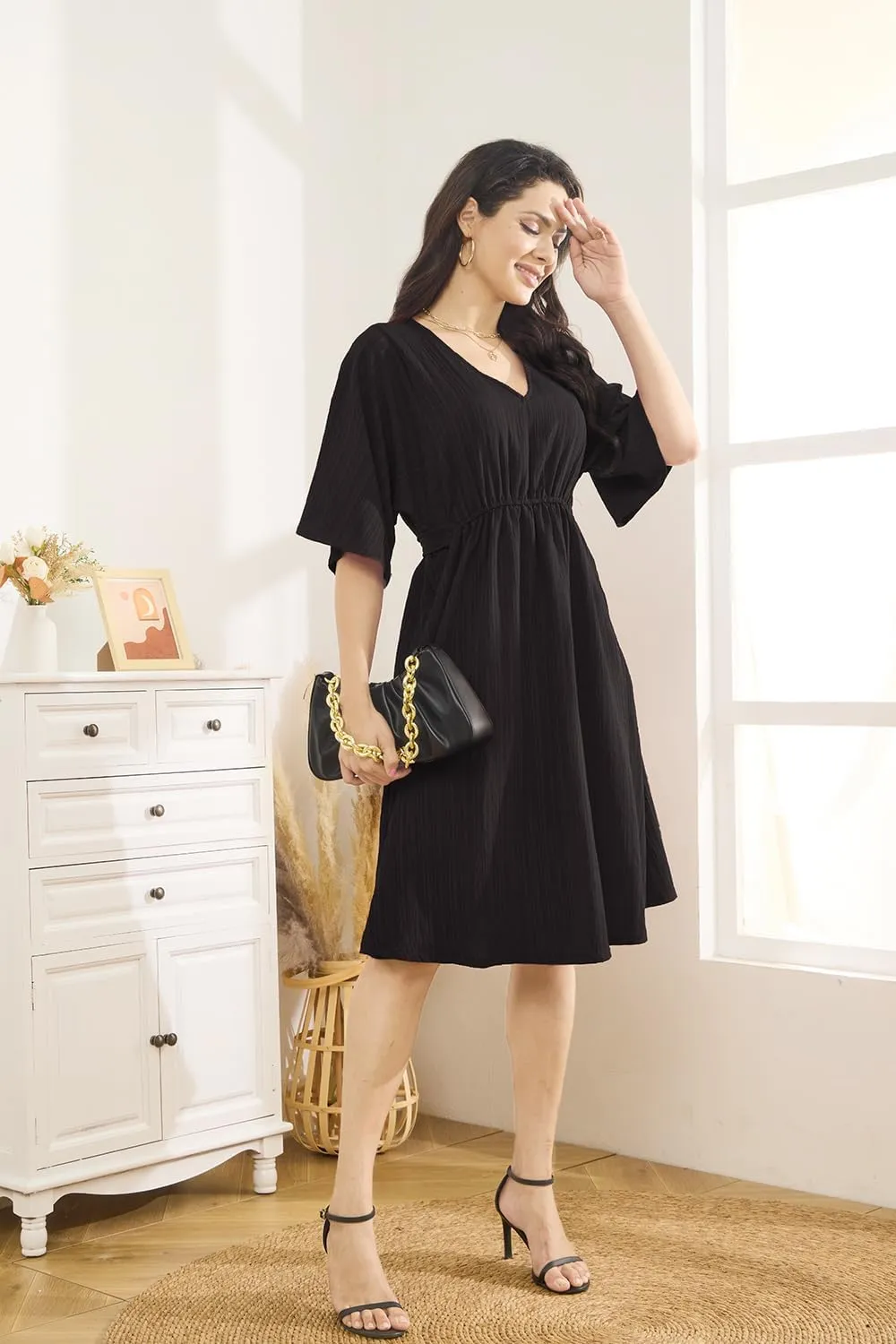 Women's Floral Daily Dress V Neck Ruffle Sleeve Elastic Fold Belt Hem A-Line Flowy Midi Dresses