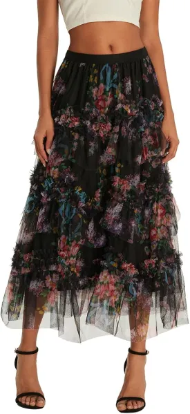 Women's Mesh Floral Skirt Ruffle Irregular Trim Flowy A-line Boho Summer Midi Skirts 2025