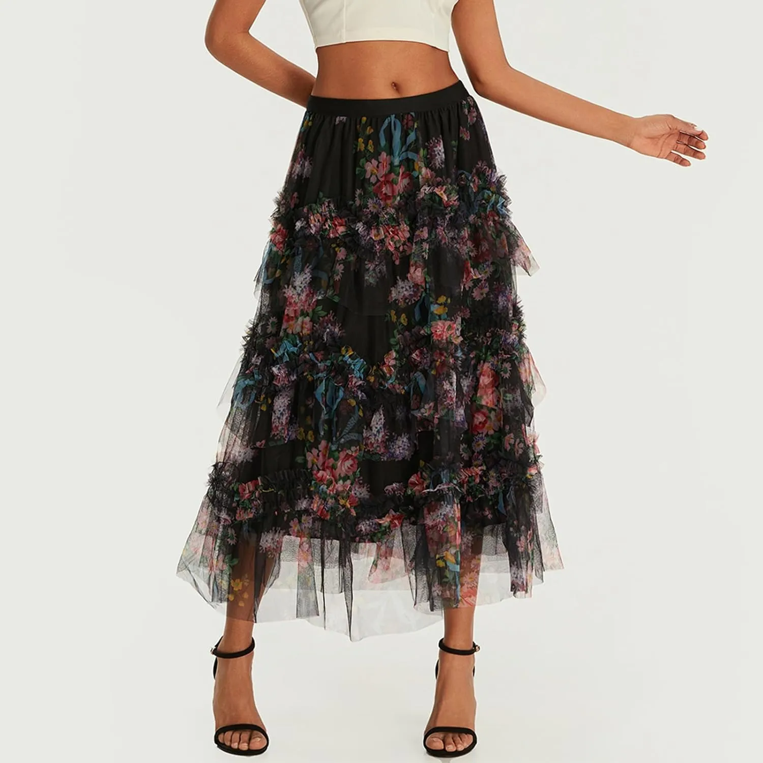 Women's Mesh Floral Skirt Ruffle Irregular Trim Flowy A-line Boho Summer Midi Skirts 2025