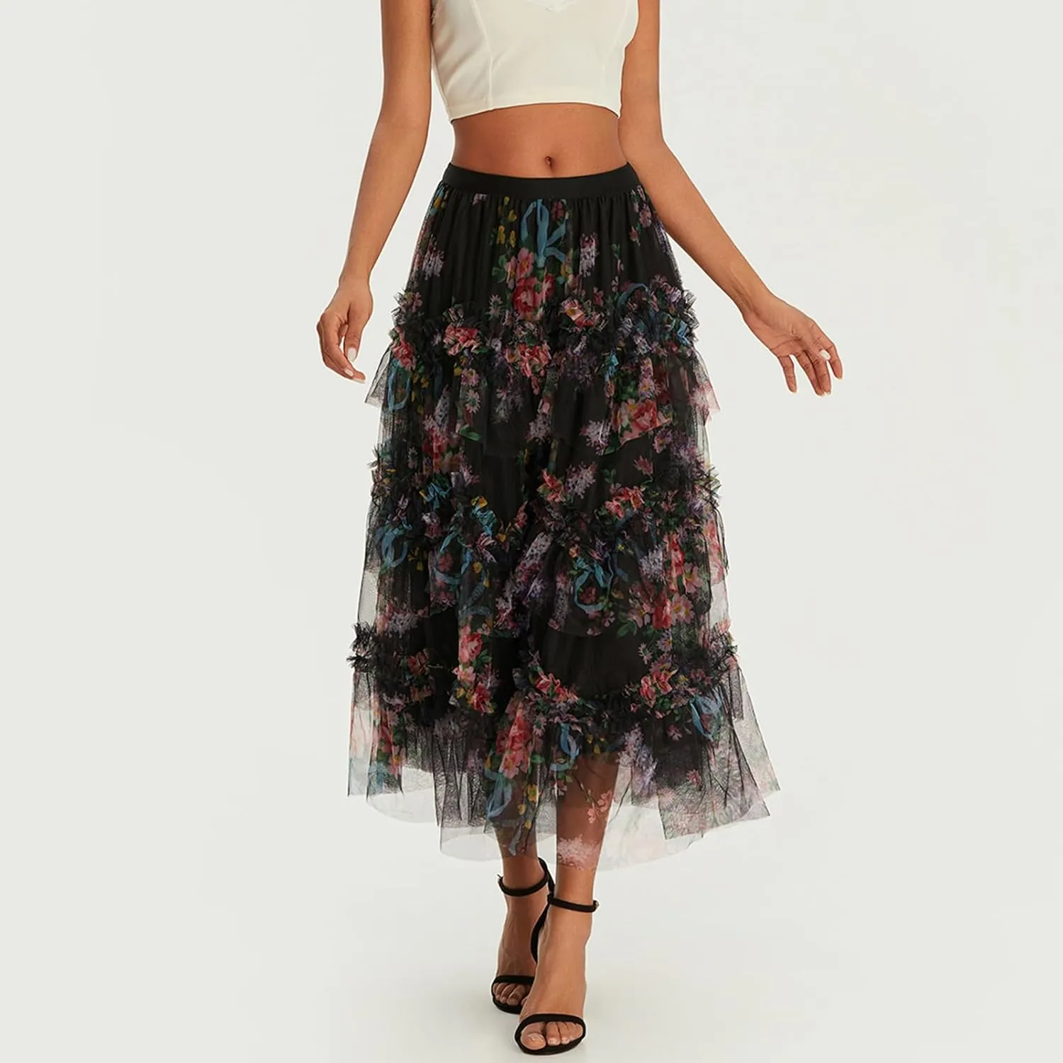 Women's Mesh Floral Skirt Ruffle Irregular Trim Flowy A-line Boho Summer Midi Skirts 2025