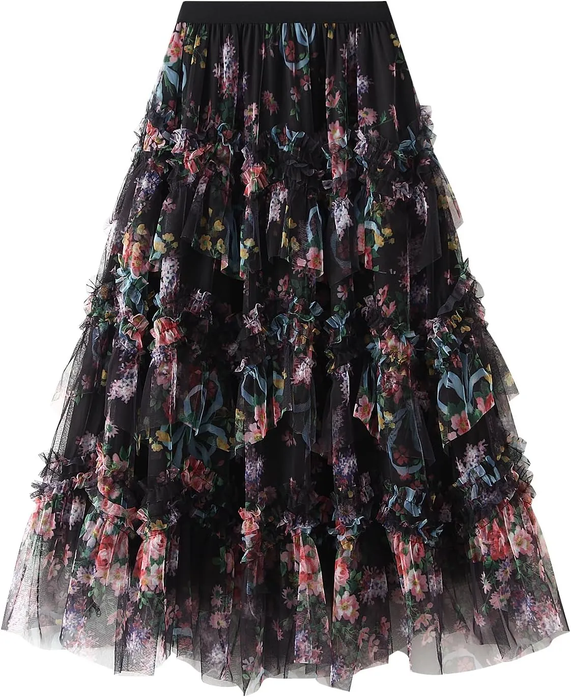 Women's Mesh Floral Skirt Ruffle Irregular Trim Flowy A-line Boho Summer Midi Skirts 2025
