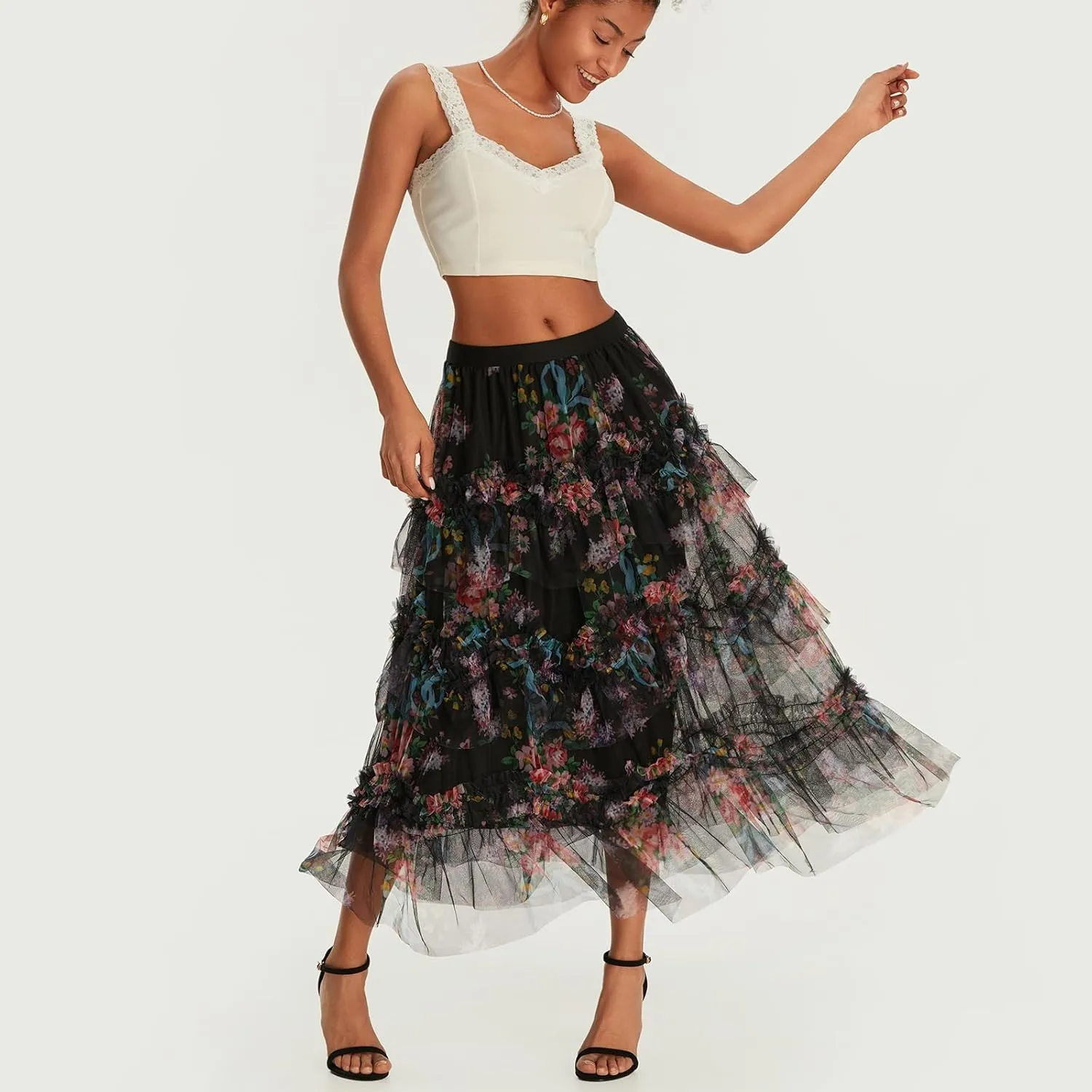 Women's Mesh Floral Skirt Ruffle Irregular Trim Flowy A-line Boho Summer Midi Skirts 2025
