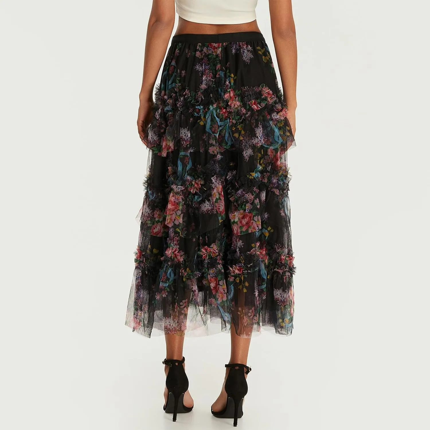 Women's Mesh Floral Skirt Ruffle Irregular Trim Flowy A-line Boho Summer Midi Skirts 2025