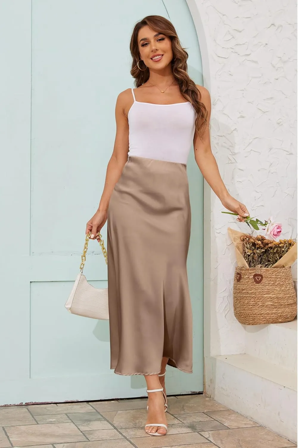 Women's Satin A-Line Midi Skirt High Waisted Flowy Spring Skirts Elegant Cocktail Party Skirts
