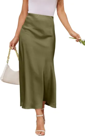 Women's Satin A-Line Midi Skirt High Waisted Flowy Spring Skirts Elegant Cocktail Party Skirts