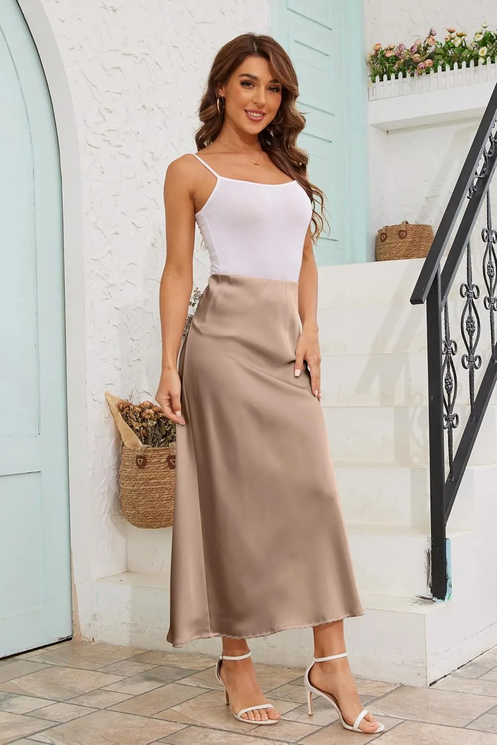 Women's Satin A-Line Midi Skirt High Waisted Flowy Spring Skirts Elegant Cocktail Party Skirts