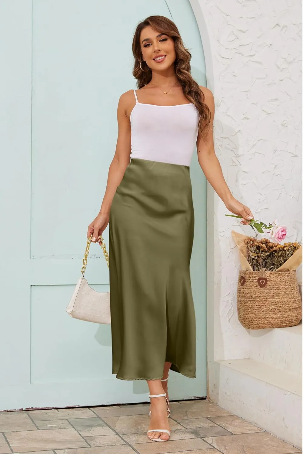 Women's Satin A-Line Midi Skirt High Waisted Flowy Spring Skirts Elegant Cocktail Party Skirts