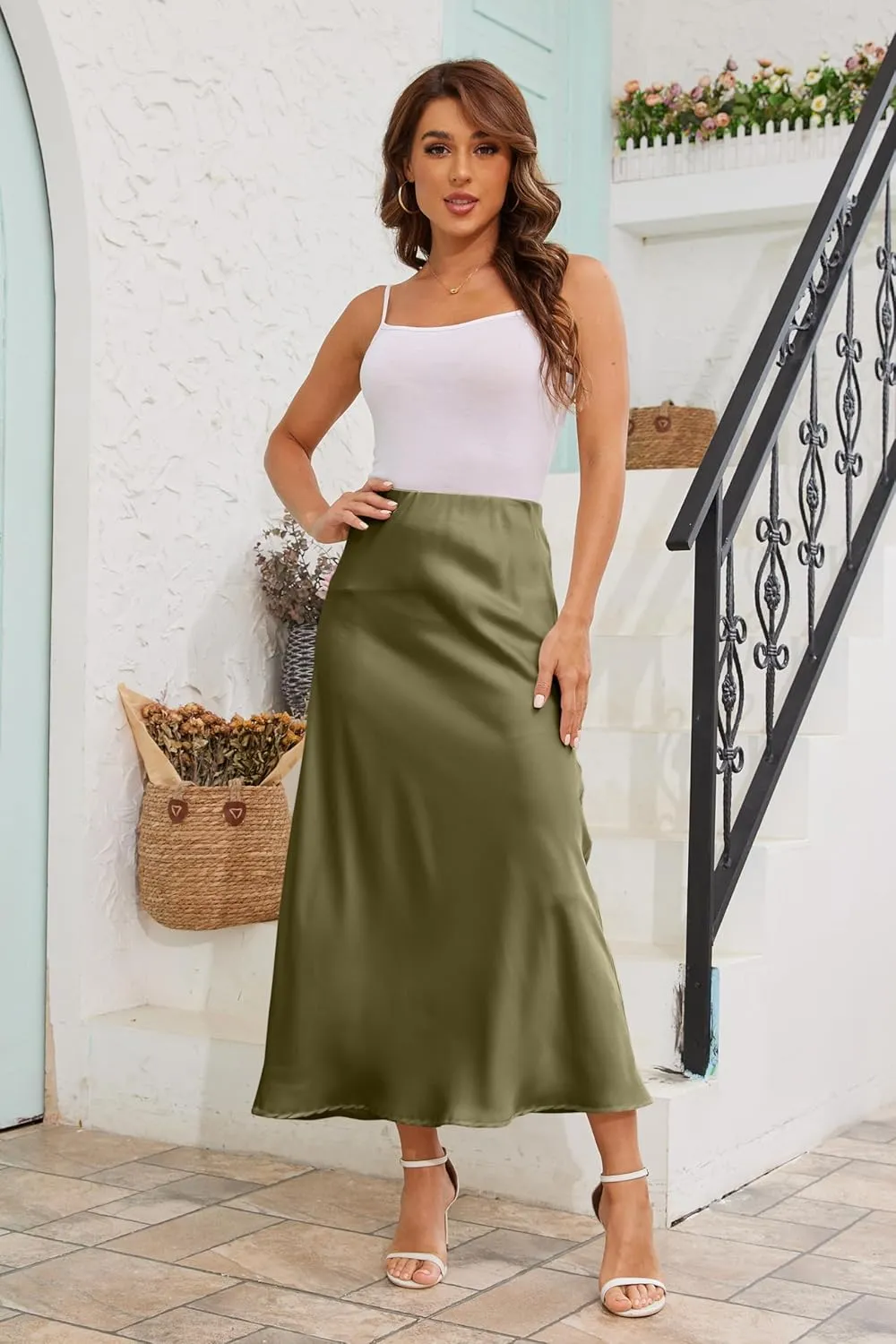Women's Satin A-Line Midi Skirt High Waisted Flowy Spring Skirts Elegant Cocktail Party Skirts