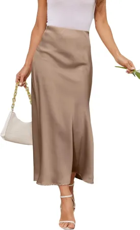 Women's Satin A-Line Midi Skirt High Waisted Flowy Spring Skirts Elegant Cocktail Party Skirts